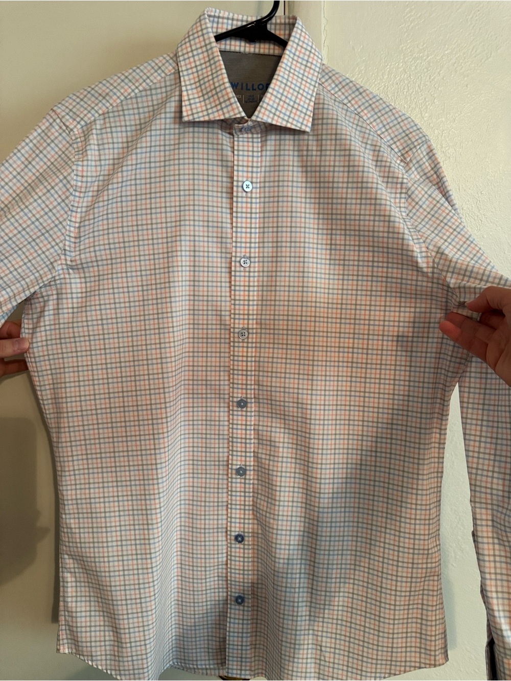 Men's Light Orange and Light Blue Check Dress Shirt - Picture 7 of 7